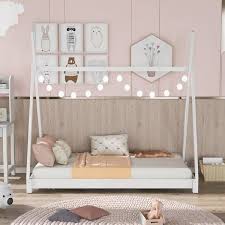 Anbazar White Twin Size Floor House Platform Bed With Roof Wood Toddler Kids Tent House Bed Frame With Triangle Structure