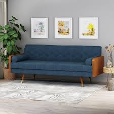 Noble House Orlando Mid Century Modern Tufted Fabric Sofa Navy Blue