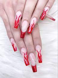 coffin acrylic nails in red fire design