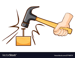 hammer hitting nail on wooden block