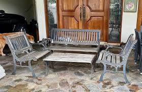 Rare Cast Iron Wood Chair Table Set