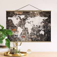 Fabric Print Old Wall World Map In