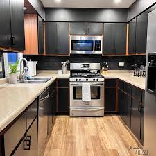 wood and black kitchen cabinets