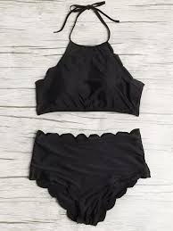 Black Scalloped Trim Halter High Waist Bikini Set
