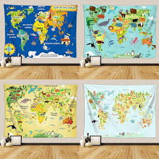 Printed Cartoon World Map Tapestry Wall