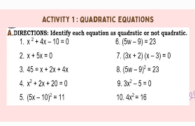 Solved Activity 1 Quadratic Equations