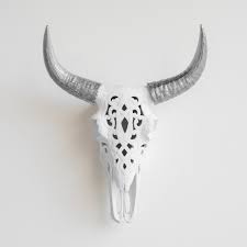 Faux Carved Cow Skull White And Silver