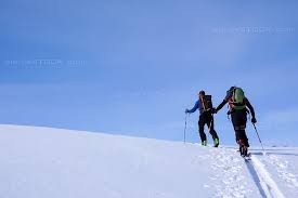 Mountain Guide On Backcountry Ski Tour Leading A Client To