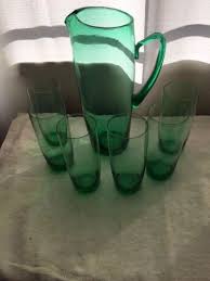 vintage green glass jug with 6 glasses
