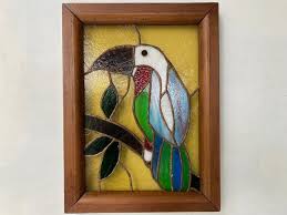 vintage parrot stained glass panel