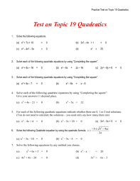 Test On Topic 19 Quadratics Solutions
