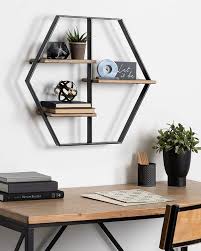 Hexagon Shaped Floating Wood Wall Shelf