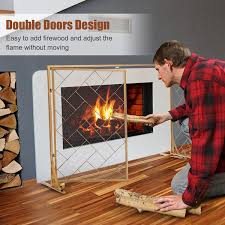 Costway 2 Panel Fireplace Screen W Double Door Fire Spark Guard Safety Fence Gold