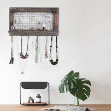 Aoibox Wall Mounted Wooden Holder Hanging Jewelry Organizer With A Removable Bar A Shelf And 15 Hooks Rustic Brown