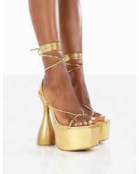 gold pu lace up cylinder platform heels