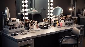 makeup table with lighting and make up