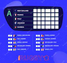 Premium Vector | Rugby cup 2023 pool a match schedule flags of new zealand  france italy uruguay namibia