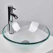 Puluomis Clear Glass Round Vessel Sink With Faucet Pop Up Drain Set