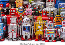 Vintage tin robot toys. Close up view of colorful mixed vintage tin robot toys collection. | CanStock