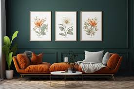 Posters On Dark Green Wall Orange Couch