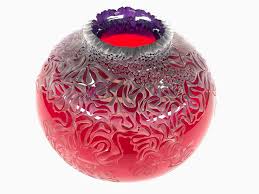 Debra May Sandblasted Art Glass Red Vase