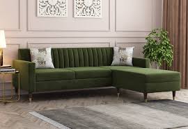 olive green velvet l shape sofa set at