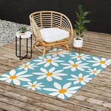 art abstract blue flowers outdoor rug