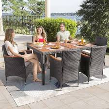 Tozey 7 Piece Acacia And Wicker Outdoor Dining Set With Beige Cushions