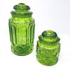Pair Of Green Glass Canisters The