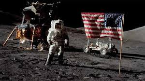 photo of us flag on moon with earth