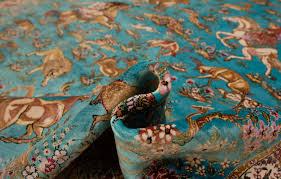 qom silk persian rug blue 300 x 200 cm