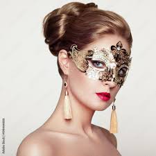 red lips golden mask stock photo