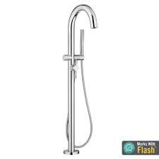 Replace your bathtub faucet it is old enough. American Standard Contemporary Round 1 Handle Freestanding Roman Tub Faucet For Flash Rough In Valve With Hand Shower In Polished Chrome T064951 002 The Home Tub Filler Freestanding Tub Filler Freestanding Bathtub Faucet