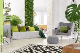 sofa with green pillows and blanket