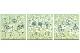 Flower Wall Art On 3 Canvases In Green