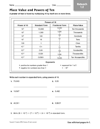 Place Value And Powers Of Ten Reteach 10 1 Worksheet For