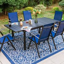 Phi Villa 7 Piece Metal Patio Outdoor Dining Set With Rectangle Extensible Table And Blue Reclining Folding Sling Chair