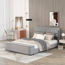 Harper Bright Designs Gray Upholstery Wood Frame Queen Platform Bed With Storage Headboard And Footboard