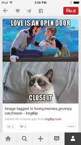 Love is an open door is a romantic duet in disney's 2013 animated feature film, frozen, sung by anna and hans. Love Is An Open Door Close It Funny Grumpy Cat Memes Grumpy Cat Humor Funny Disney Memes