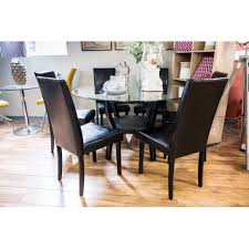 With the versatility to pair with many chair types, this. Round Glass Dining Table 6 Faux Leather High Back Chairs Loft Living Manorhamilton