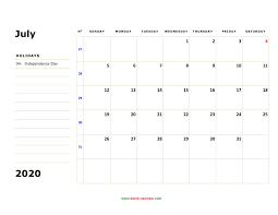 Free Download Printable July 2020 Calendar Large Box
