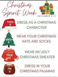 You can print or email this to your students families to have a christmas spirit week the last week of school before break! Pierce City Schools