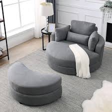 Magic Home 51 In Swivel Accent Barrel Sofa Linen Fabric Lounge Club Big Round Chair With Storage Ottoman And Pillows Dark Gray
