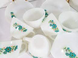 Blue Bell Milk Glass Cups And Saucers