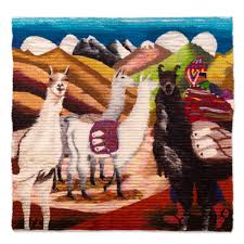 wool tapestry of man with llamas hand