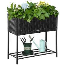 Outsunny Elevated Metal Raised Garden Bed With Rattan Wicker Look Underneath Tool Storage Rack Black