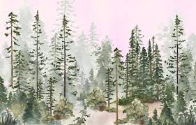 Watercolor Pine Tree Forest L And