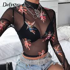 Us 6 41 45 Off Darlingaga Fashion Transparent Black Angel Print Mesh Top Turtleneck Cupid Female T Shirt Crop Top Tee Summer Sexy T Shirt 2019 In
