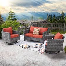 Xizzi Mirage Gray 4 Piece Wicker Outdoor Rocking Chair Set With Orange Red Cushions