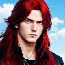 an anime boy with long flowing red hair